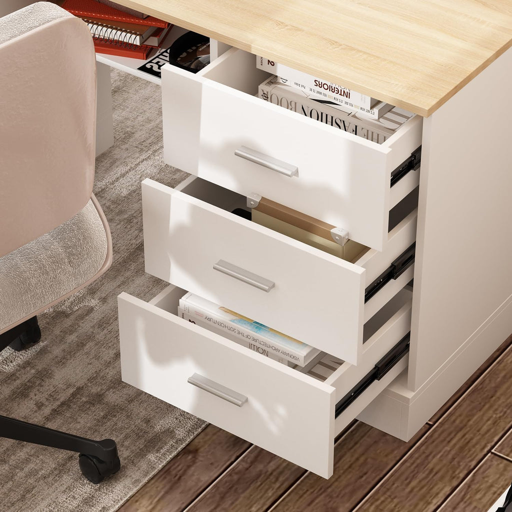 63' W Height Adjustable Standing Desk with Drawers & Cabinet, Electric Stand up Desk with Storage, L Shaped Home Office Table Corner Computer Workstation, White & Oak (28.4'-45.8' H)