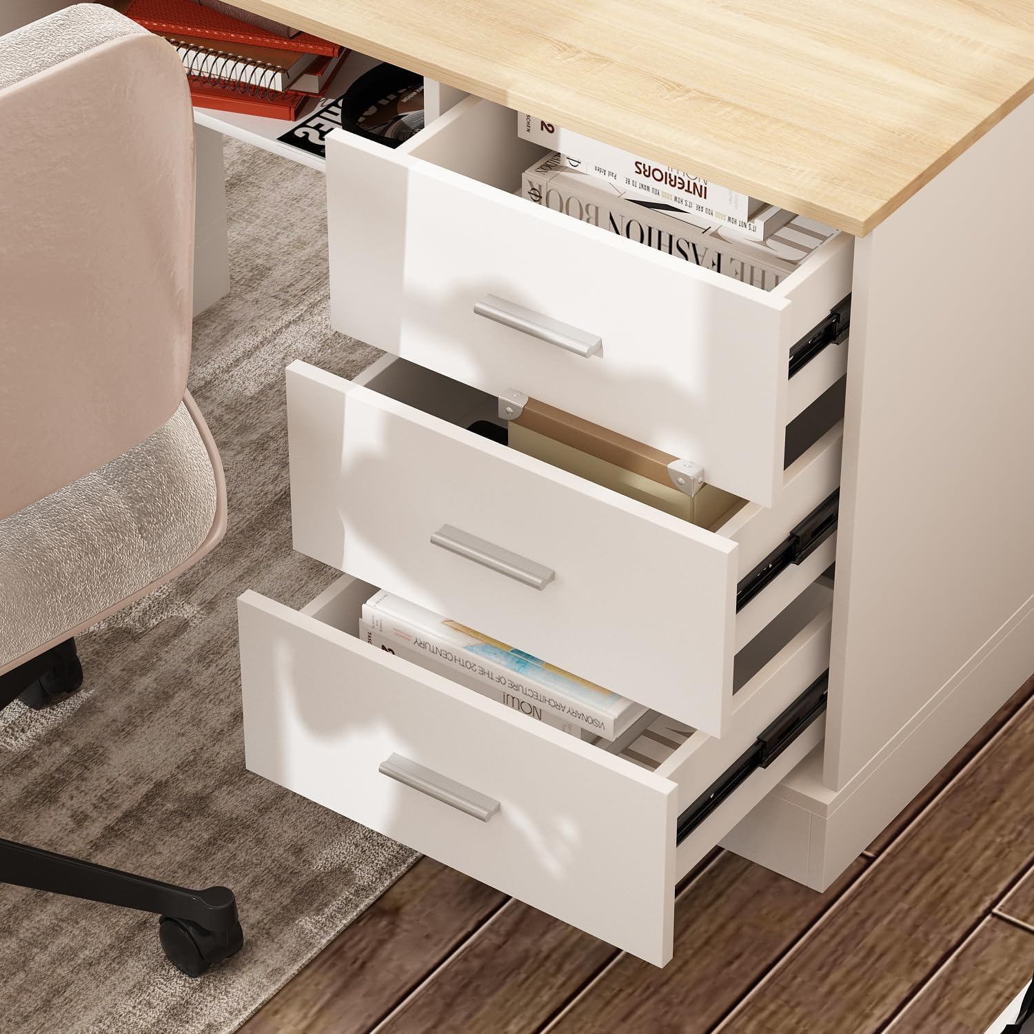 Homsee Home Office L Shaped Electric Standing Desk with Drawers and Shelves, Height Adjustable Stand up Desk, 63' Computer Executive Corner Table, Oak & White