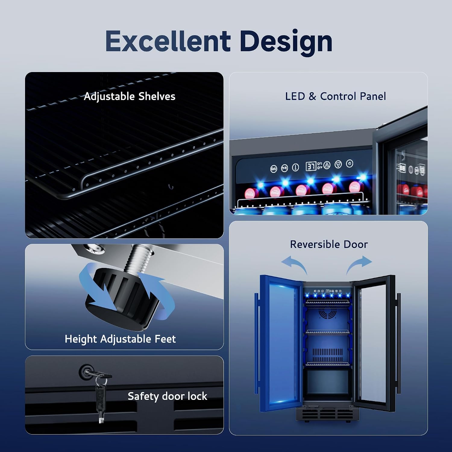 15 Inch Beverage Fridge, 132-Can Capacity Under Counter Refrigerator with Blue LED Display, Beverage Refrigerator with Glass Door & Adjustable Shelves for Home, Bar, Office (Black)