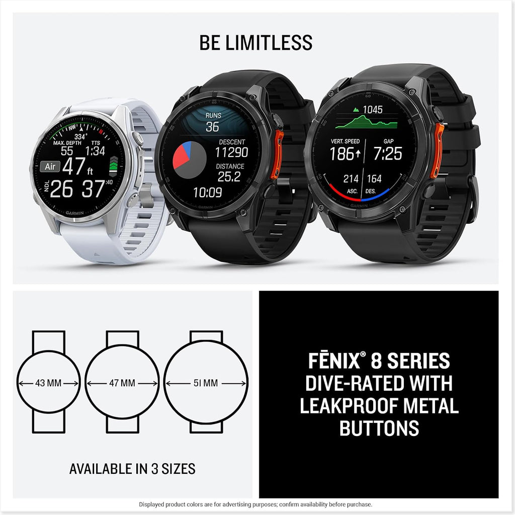 Garmin fēnix® 8 – 43mm, AMOLED, Premium Multisport GPS Smartwatch, Long-Lasting Battery Life, Dive-Rated, Built-in LED Flashlight, Silver with Whitestone Band (Renewed)