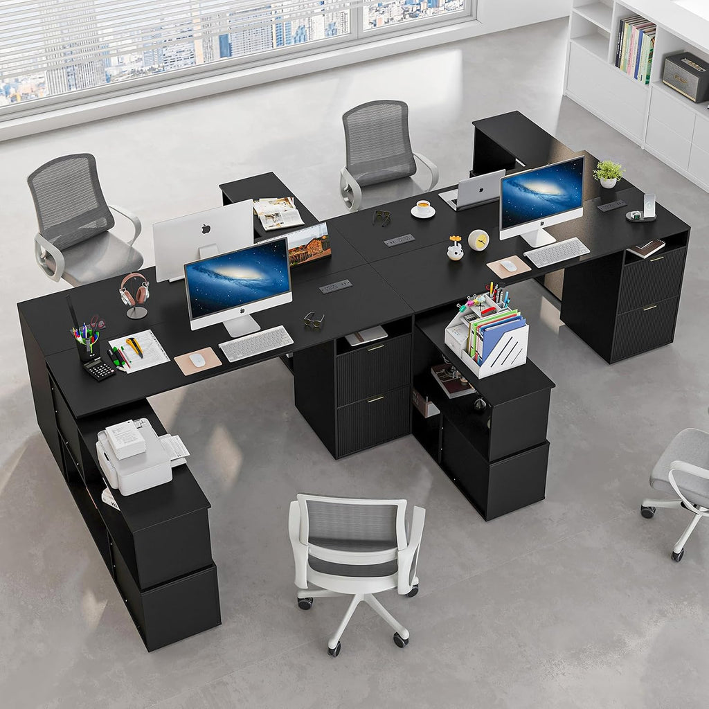 L-Shaped Desk with Drawers & Power Outlet, 180 Rotating Corner Computer Desk with Storage, 66 Inch Office Desk with 5-Drawer, Space-Saving Modern L-Shaped Workstation for Home Office