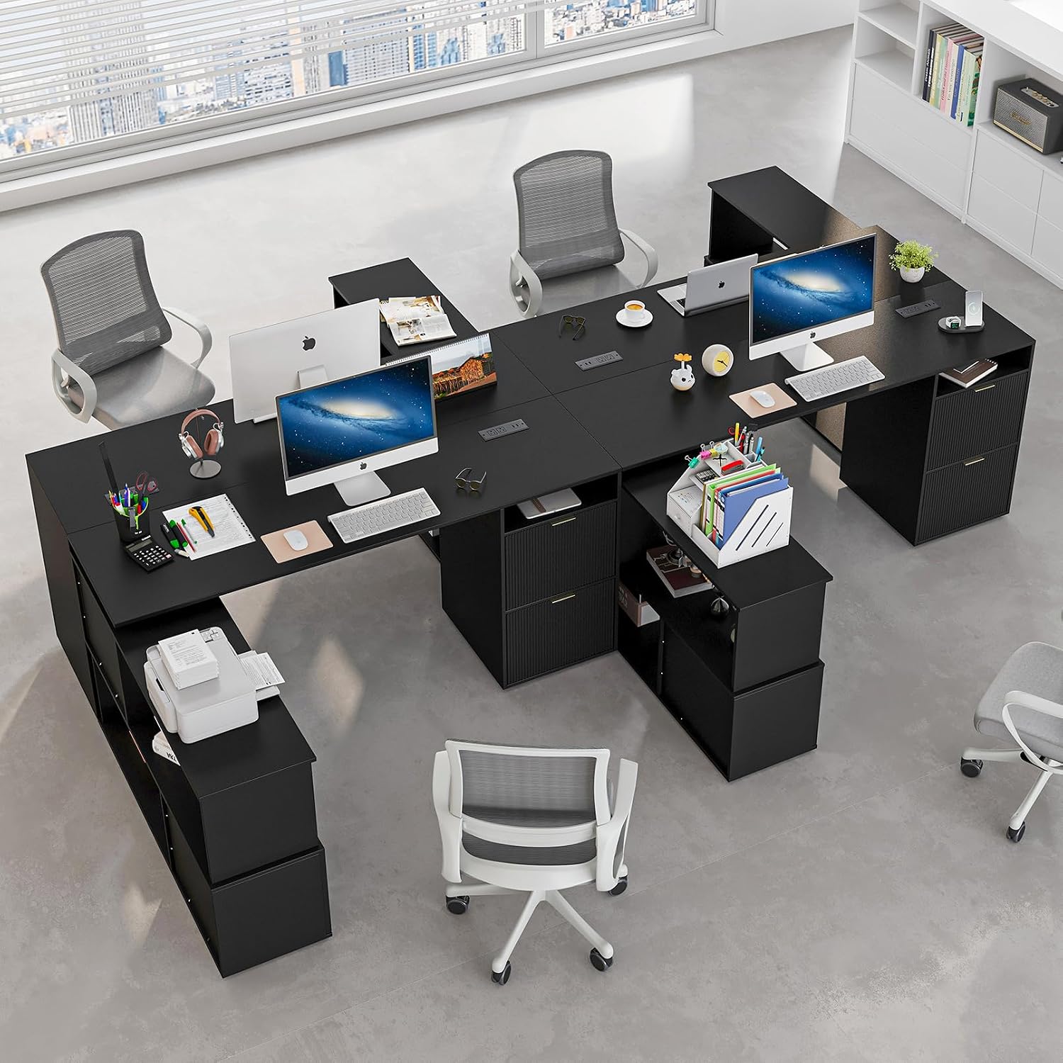 L-Shaped Desk with Drawers & Power Outlet, 180 Rotating Corner Computer Desk with Storage, 66 Inch Office Desk with 5-Drawer, Space-Saving Modern L-Shaped Workstation for Home Office