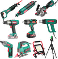 HYCHIKA Power Tool Combo Kit,Heat Gun,Impact Wrench,Drill Driver,Screwdriver, Rotary Tool,Mini Circular Saw，Reciprocating Saw,Jig Saw,Laser Tool with Laser class: II,50W LED Work Light,10-Tool Set