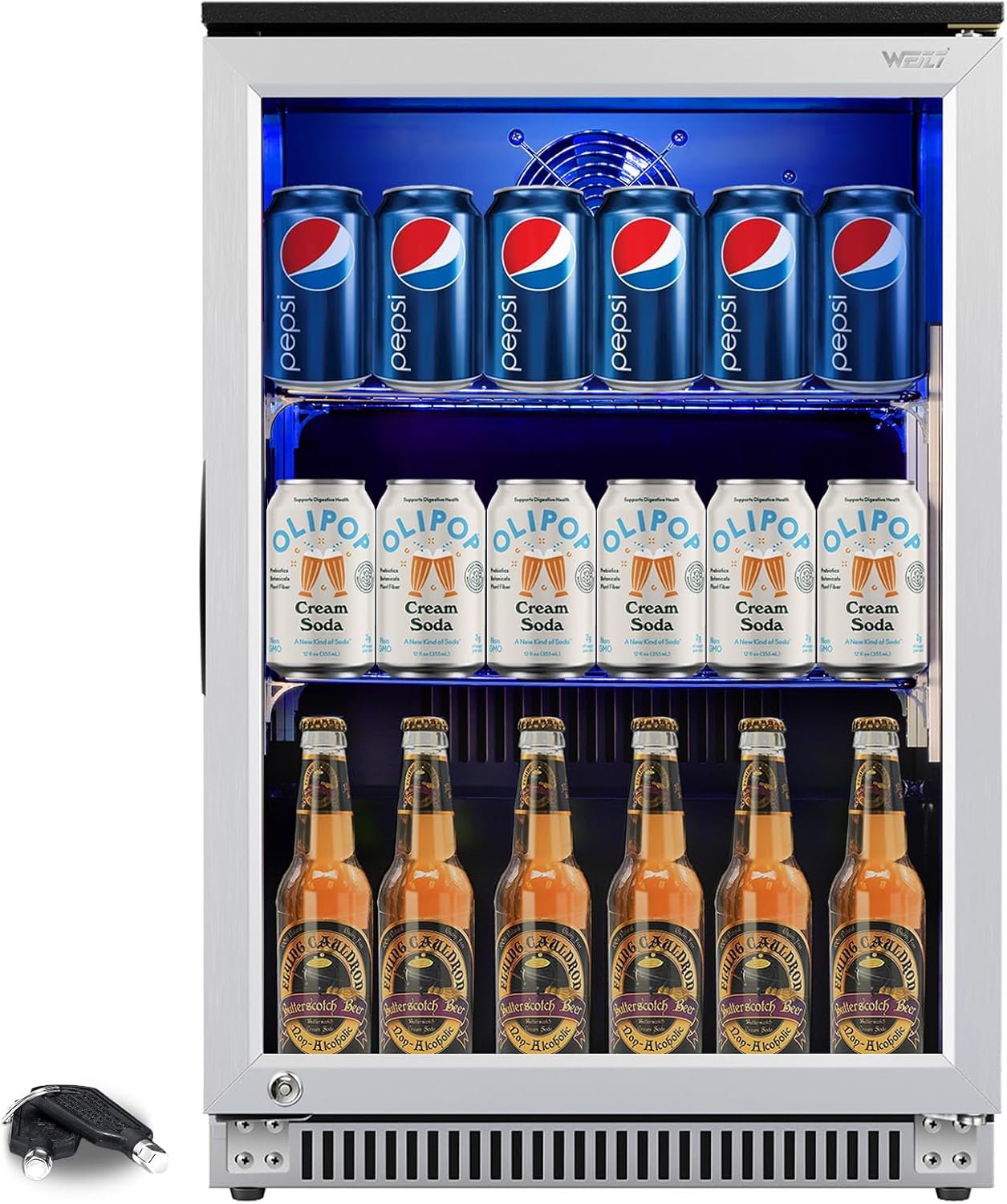 Weili 20 Inch Built in Beverage Refrigerator with Lock, Under Counter or Freestanding 120 Can Soda Beer Drink Cooler Fridge with Stainless Steel and Glass Door