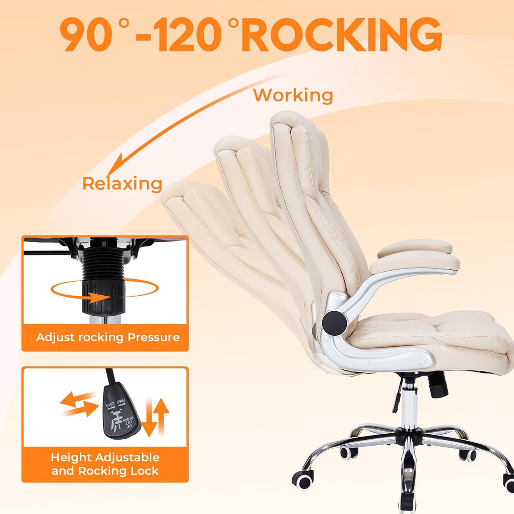 400lbs Executive Office Chair with Flip-Up Armrests, Big and Tall Computer Chair for Heavy People, Heavy Duty Ergonomic Comfy Chair, Breathable PU Leather (Cream)