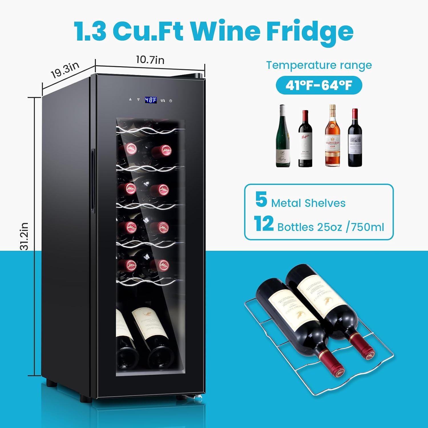 11 Inch Wine Fridge Under Counter, 12 Bottle Wine Refrigerator Cooler, Mini Wine Cellar Built in/Freestanding with Glass Door &Quiet Operation Compressor for Beer Soda Drink Bar