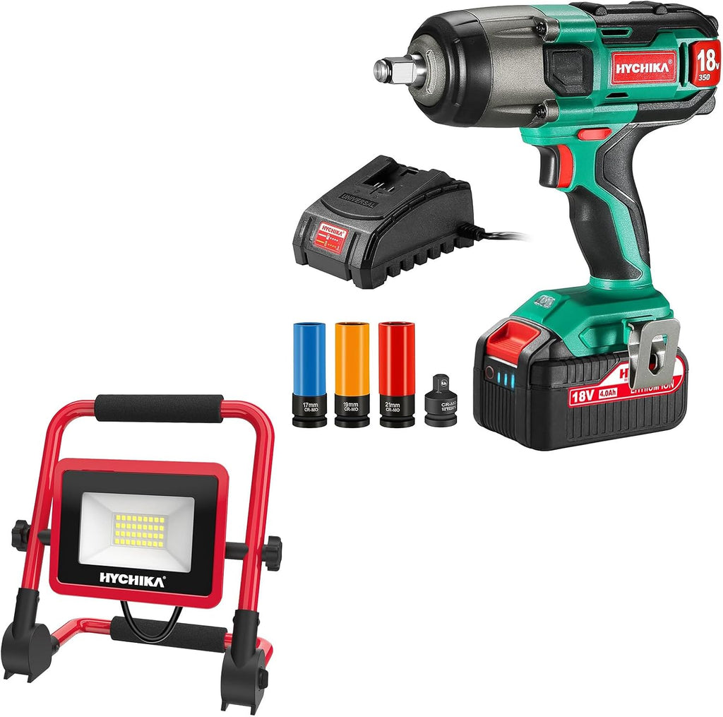 HYCHIKA 18 V Max Cordless Impact Wrench, 30W LED Work Light, 2-Tool Power Tool Set Combo Kit