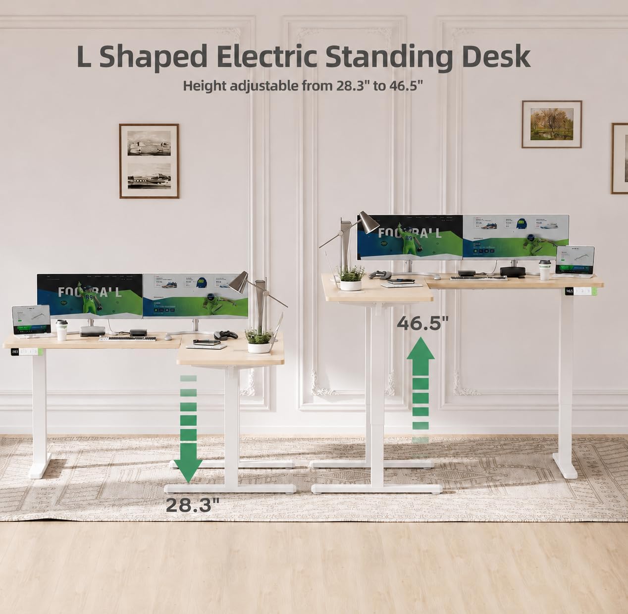 Claiks L Shaped Height Adjustable Electric Standing Desk with Dual Motors and Headphone Hook,59' Corner Sit Stand Desk with Memory Presets for Home Office & Gaming, Natural