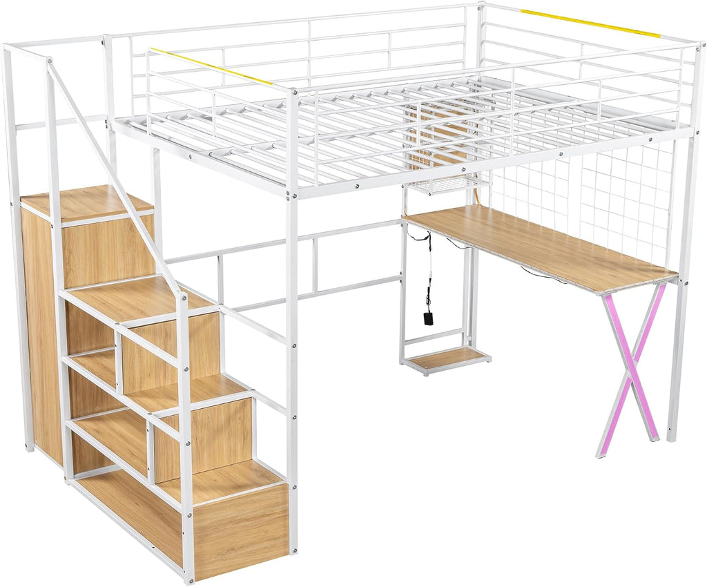 Metal Full Size Loft Bed with Desk and Stairs,Heavy Duty Loft Bed Frame with Wardrobe and LED Lights,Loft Bed Full Size with Storage Shelves for Kids,Teens,Adults,Space Saving,White