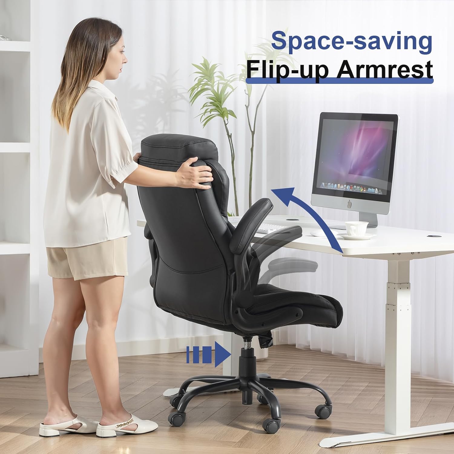 Brage Living 400LBS Big and Tall Office Chair, Heavy Duty Leather Executive Desk Chair with Padded Flip-up Arms, Swivel Rolling Computer Chair for Home Office, Black