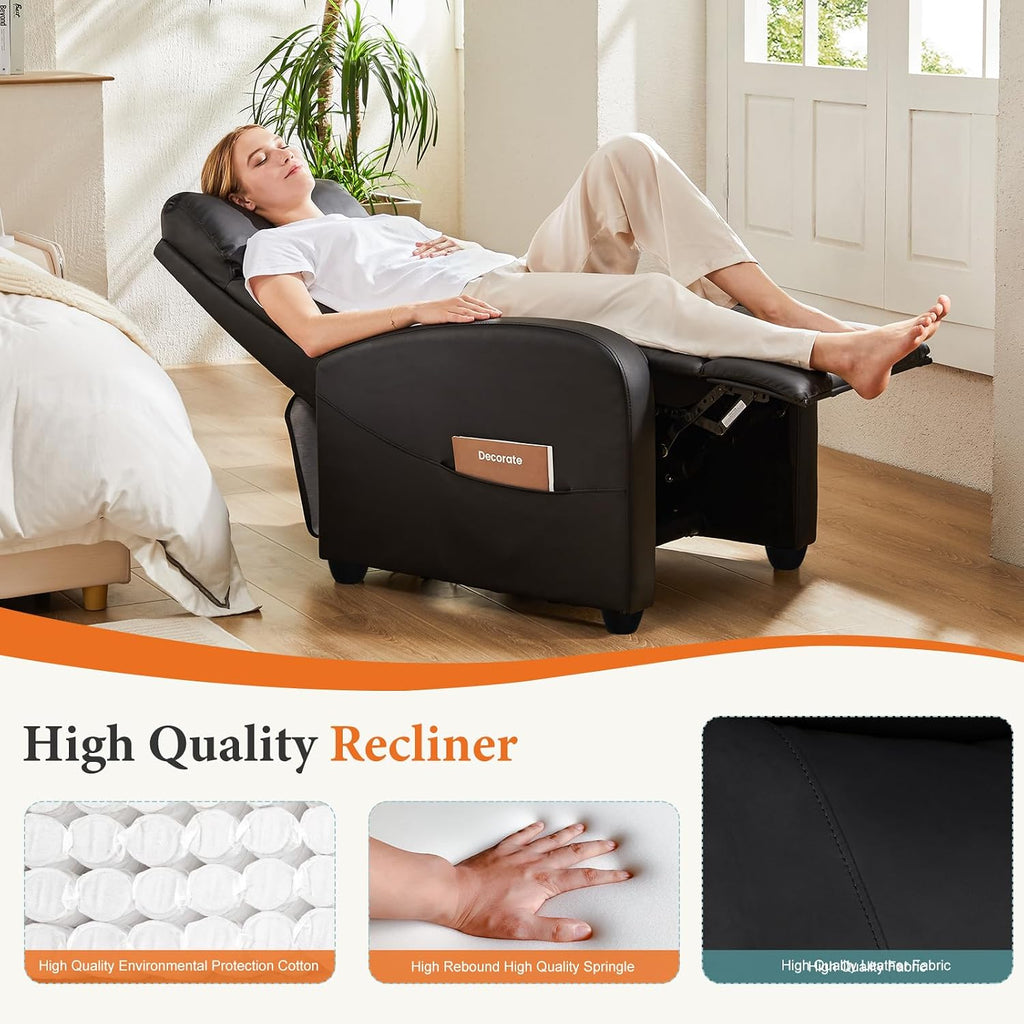 Sweetcrispy Recliner Chair PU Leather Recliner Sofa No Massage, Home Theater Seating with Lumbar Support, Adjustable Push Back Overstuffed High-Density Sponge Reclining for Living Room, Black