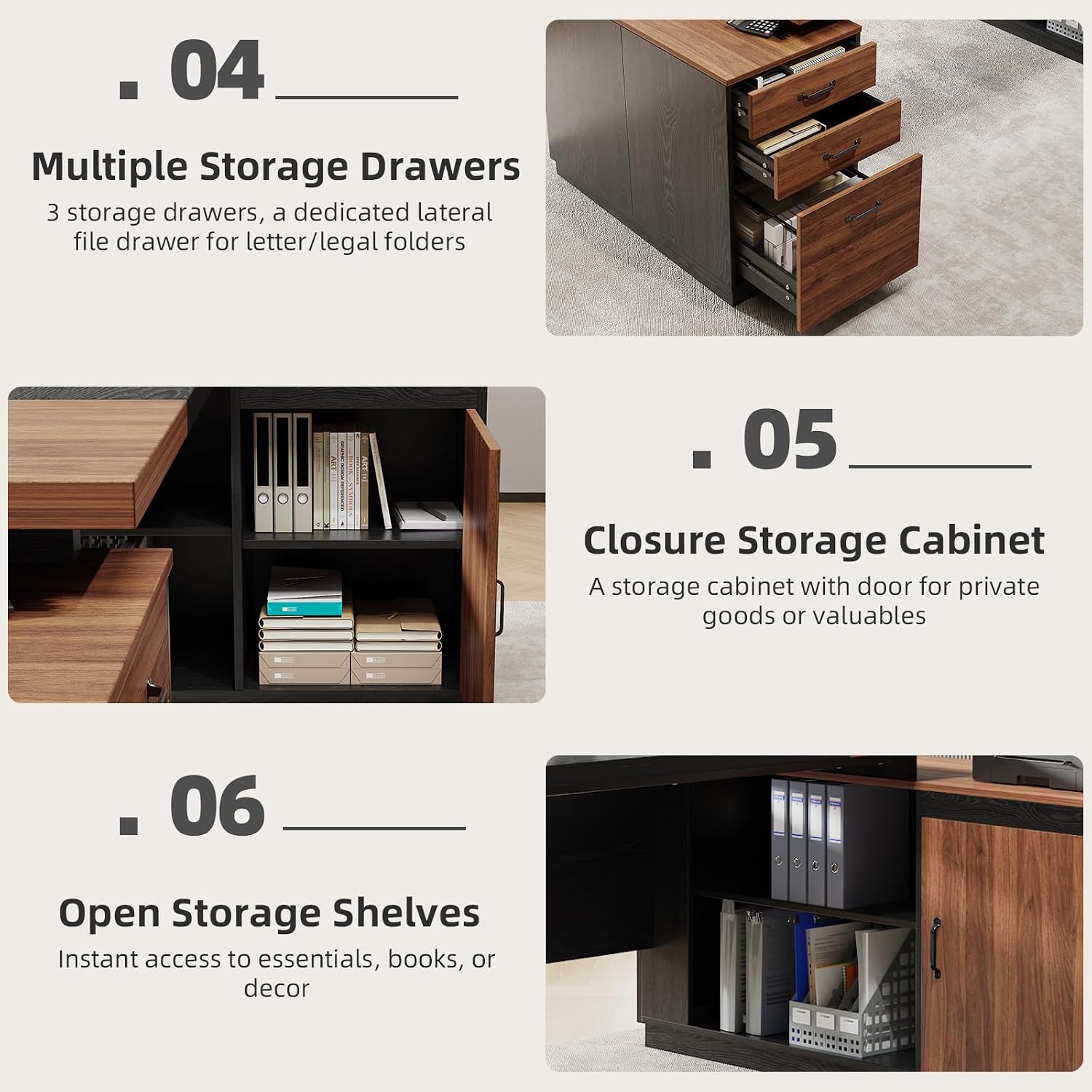 Epecoya Executive L-Shaped Desk with Storage Cabinet, 78-Inch Large Home Office Desks with Power Outlet and Lateral File Cabinet, Modern Computer Desk with Drawers and Open Shelf, Brown Black