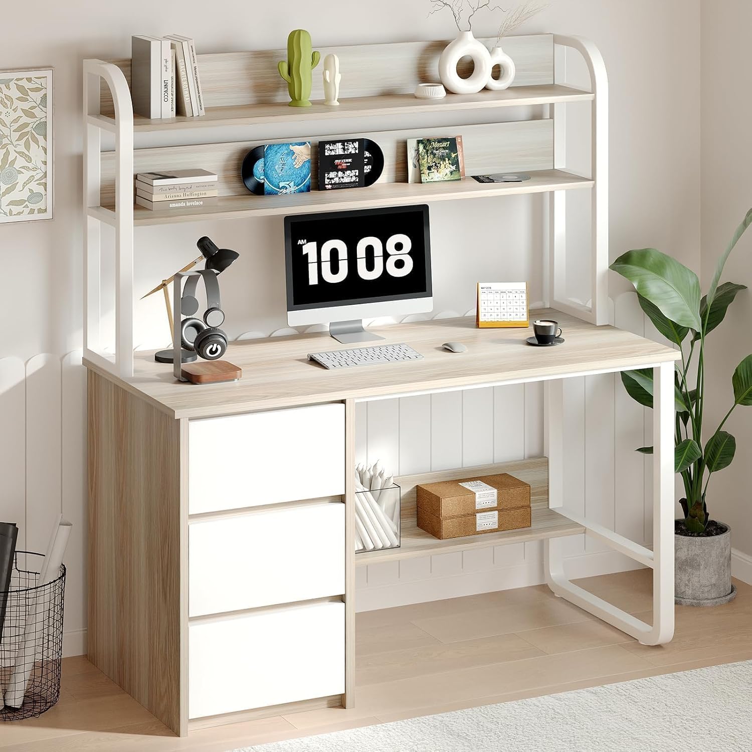 MaverickFurni Computer Desk with Hutch, 47 Inch Small Desk with 3 Drawers for Bedroom, Study Writing Desk with Shelves for Small Spaces, Adjustable Feet, Light Walnut