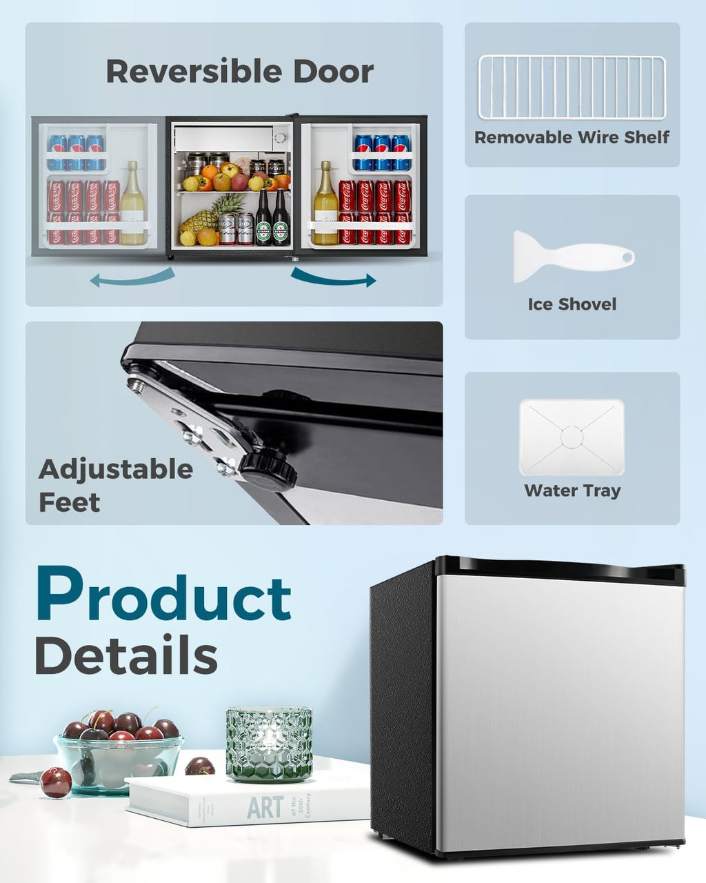 Feelfunn Mini Fridge with Freezer - 1.7 Cu.Ft Single Door Mini Refrigerator with Adjustable Thermostat, Energy Saving, Low Noise, Small Fridge for Bedroom, Office, Dorm, Apartment, Classroom - Silver