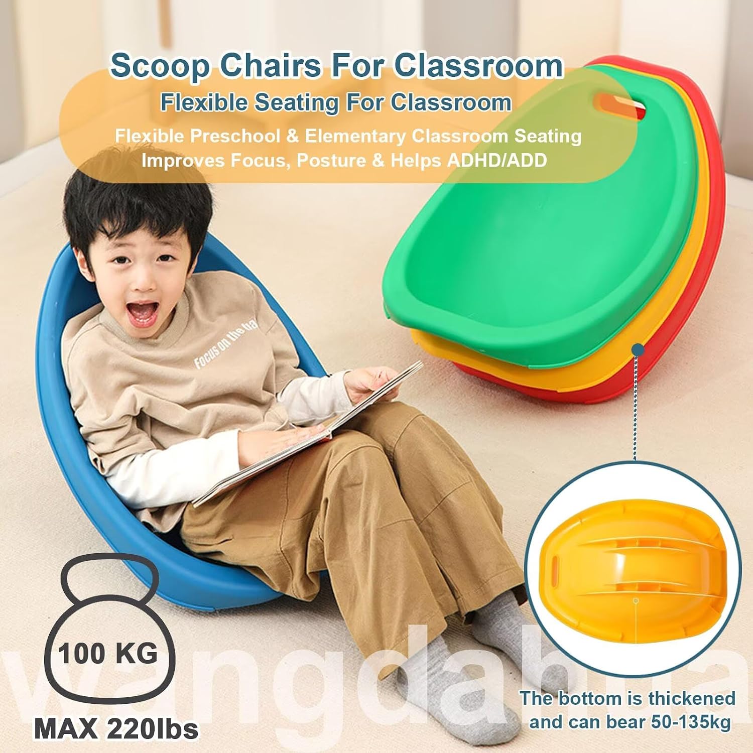 4 Packs Floor Chair with Back Support, Blue Scoop Rocker Chair for Kids, Portable Scoop Chairs for Classroom, Plastic Reading Chair Sensory Rocking Chair, Flexible Seating for Classroom