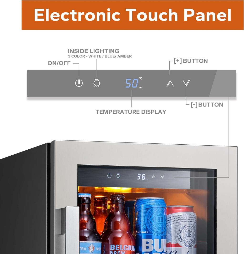 Ca'Lefort 15 Inch Beverage Refrigerator Cooler - 100 Can Mini Fridge with Glass Door for Soda Beer or Wine, 3 LED Compressor Fridge for Home Office Bar with 3 Adjustable Removable Shelves(3.0 cu.ft)