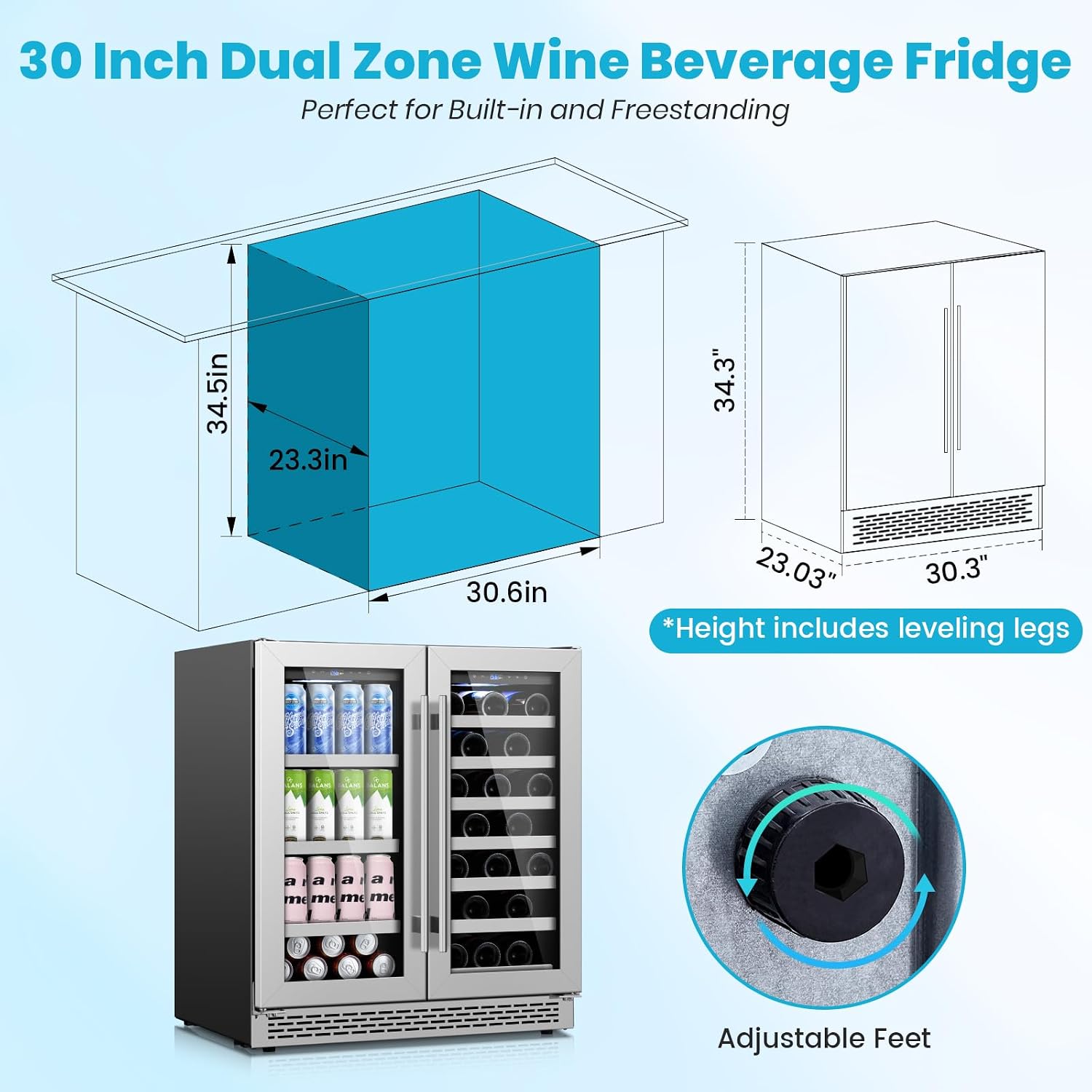30 Inch Wine and Beverage Refrigerator, Beverage Fridge Cooler Under Counter, Dual Zone Commercial Bar Fridge for Beer with Seamless Stainless Steel Tempered Glass Door, 33 Bottles & 135 Cans