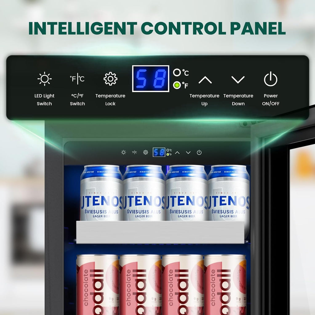 15 Inch Black Beverage Refrigerator,130 Cans Beverage Cooler Under Counter/Freestanding with Glasses Door,Drink Fridge Upgraded Compressor and Reversible Door for Beer,Soda,Juice-Home,Office