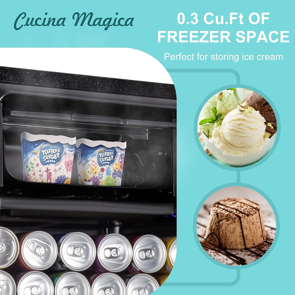 Cucina Magica 4.8 Cu.Ft Beverage Refrigerator, 155 Can Mini Fridge with Freeze with Glass Door, Adjustable Shelves, Drink Fridge, Suitable for Soda, Beer, Essential for Home/Bar