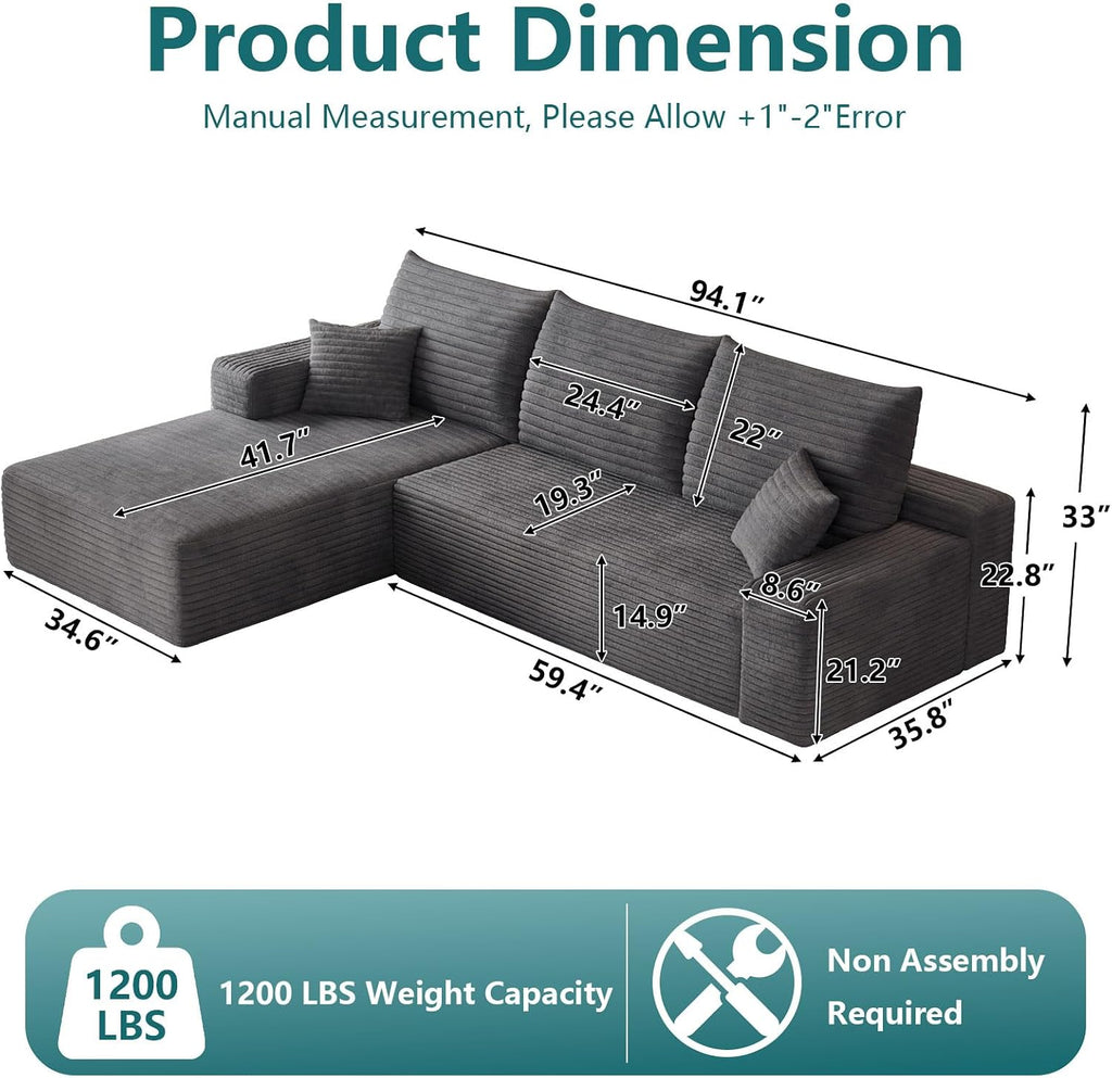 95' Modular Sectional Couch, Boneless L Shaped Cloud Sofa with Chaise Lounge, Corduroy Upholstered Couches Memory Foam Deep Seat, No Assembly Required, Ideal for Living Room(Dark Gray, Left Facing)