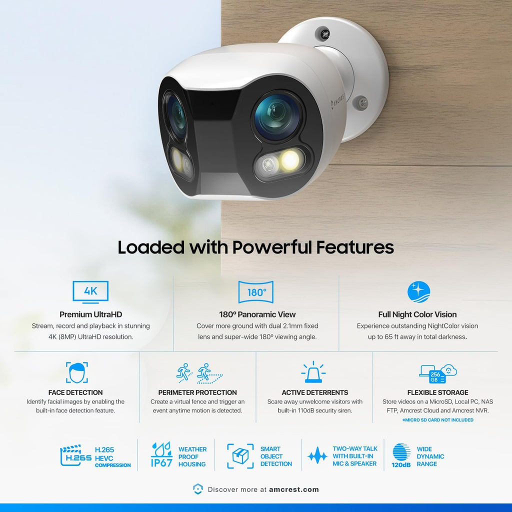 Amcrest Dual-Lens 4K (8MP) Outdoor Security POE Camera, 2 x 4MP Lenses PoE AI Bullet IP Camera, 65ft Night Color, Face Detection, Panoramic 180° FOV, 4K@15fps IP8M-DLB2998EW-AI (White)