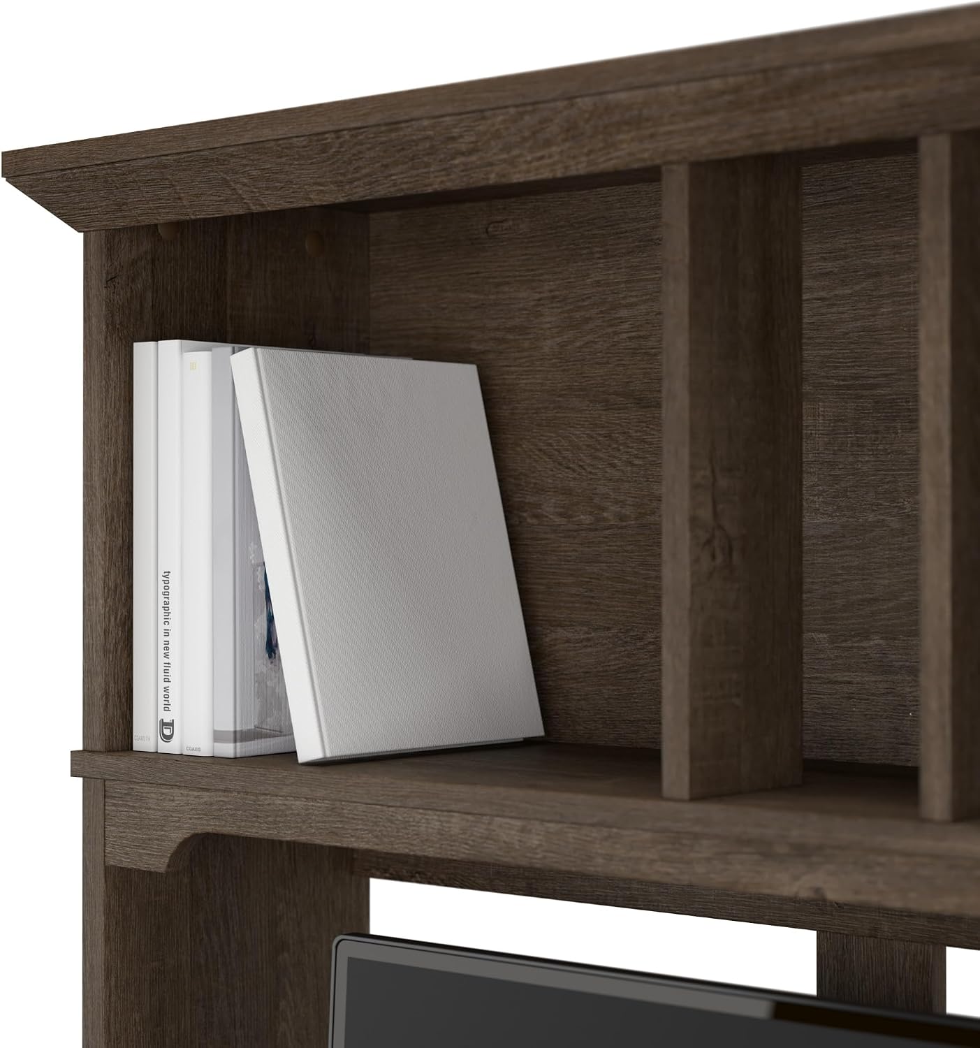 Bush Furniture Salinas L Shaped Desk with Hutch in Ash Brown, Corner Table with Drawers and Storage for Home Office
