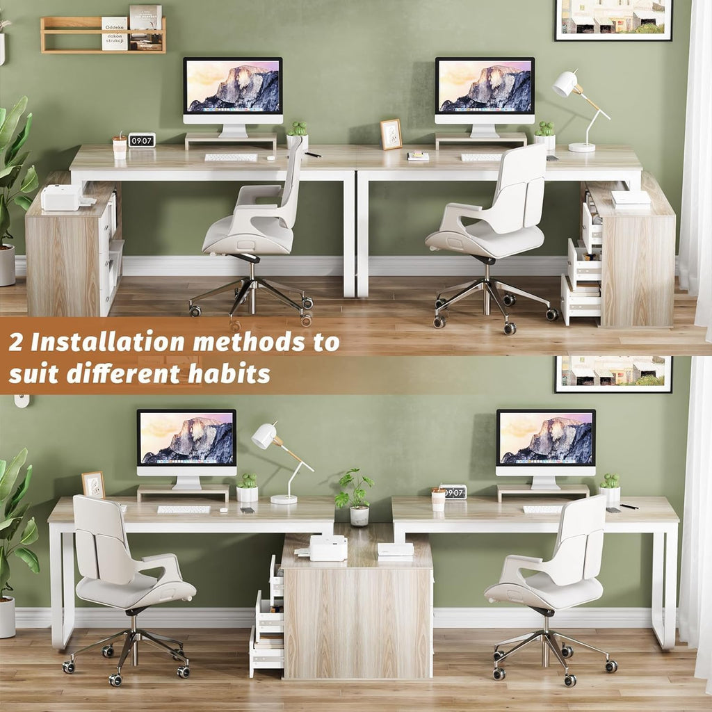 MaverickFurni 55' L Shaped Desk with Drawers and Shelves, Home Office Desk with Monitor Stand for Work Writing Study, Reversible Corner Desk with Storage, White and Walnut