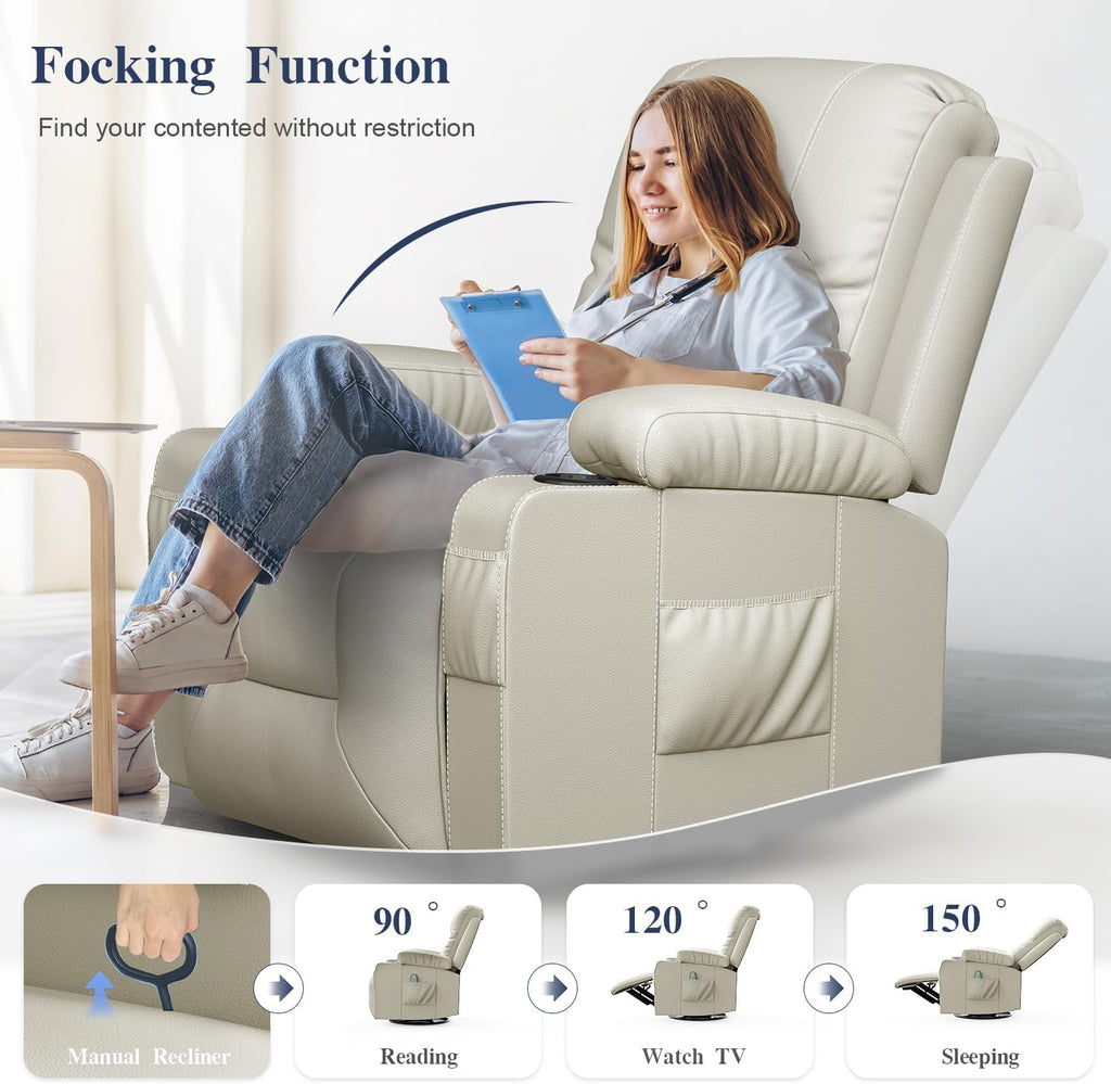 FURNIMAT Recliner Chairs for Adults, Massage Rocker with Heated Modern Ergonomic Lounge 360 Degree Swivel Single Sofa Seat Living Room Lounge Recliners Ivory White