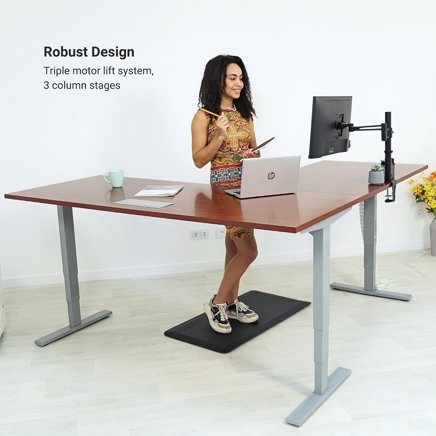 Progressive Desk Stand Up Height Adjustable Electric Standing Desk - L Shaped 60' x 72' Corner Computer Rising Workstation Table - Black Frame, Roasted Walnut Top