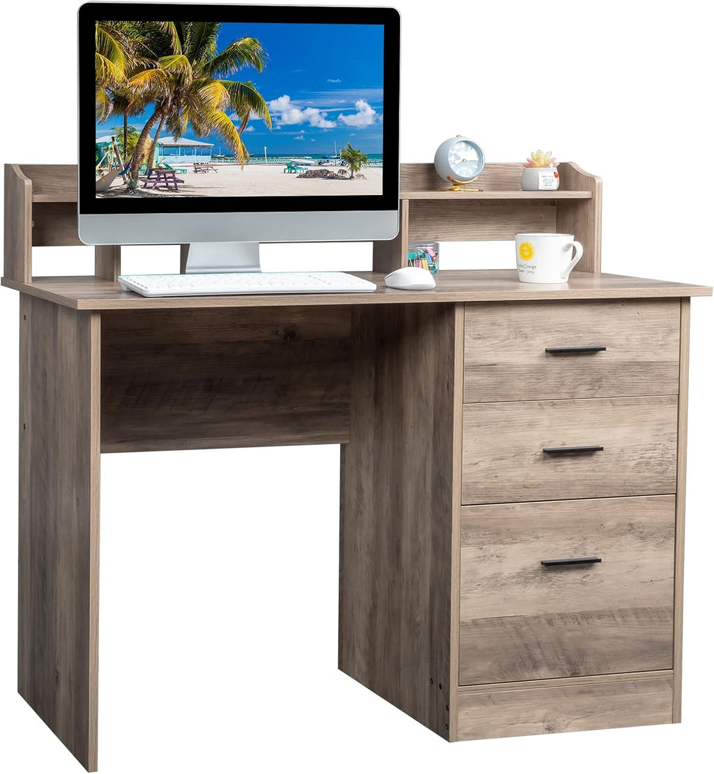 Karl home Grey Computer Desk with Drawers ＆ Hutch, Modern Home Office Desks with Storage for Kids Students Teens, Small Wood Table for Work Study Gaming Writing, PC Laptop Workstation