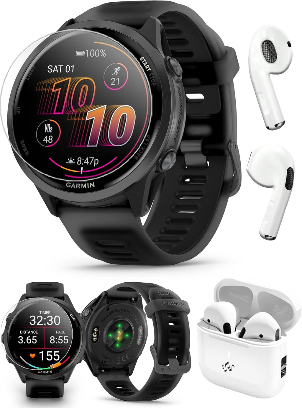 PlayBetter Garmin Forerunner 570 (47mm, Slate Gray/Translucent Black) Advanced GPS Running and Triathlon Smartwatch Bundle HD Screen Protectors & Wireless Earbuds