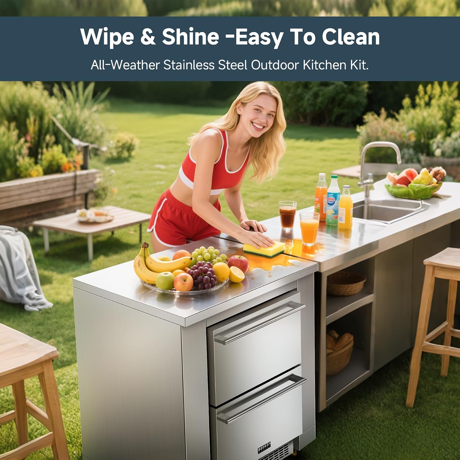 BODEGA Stainless Steel Outdoor Kitchen Cabinet for Beverage Fridge, Under Counter Beverage Refrigerator Cabinet Module is Designed to 24-inch Indoor/Outdoor Under-Counter Refrigerator.