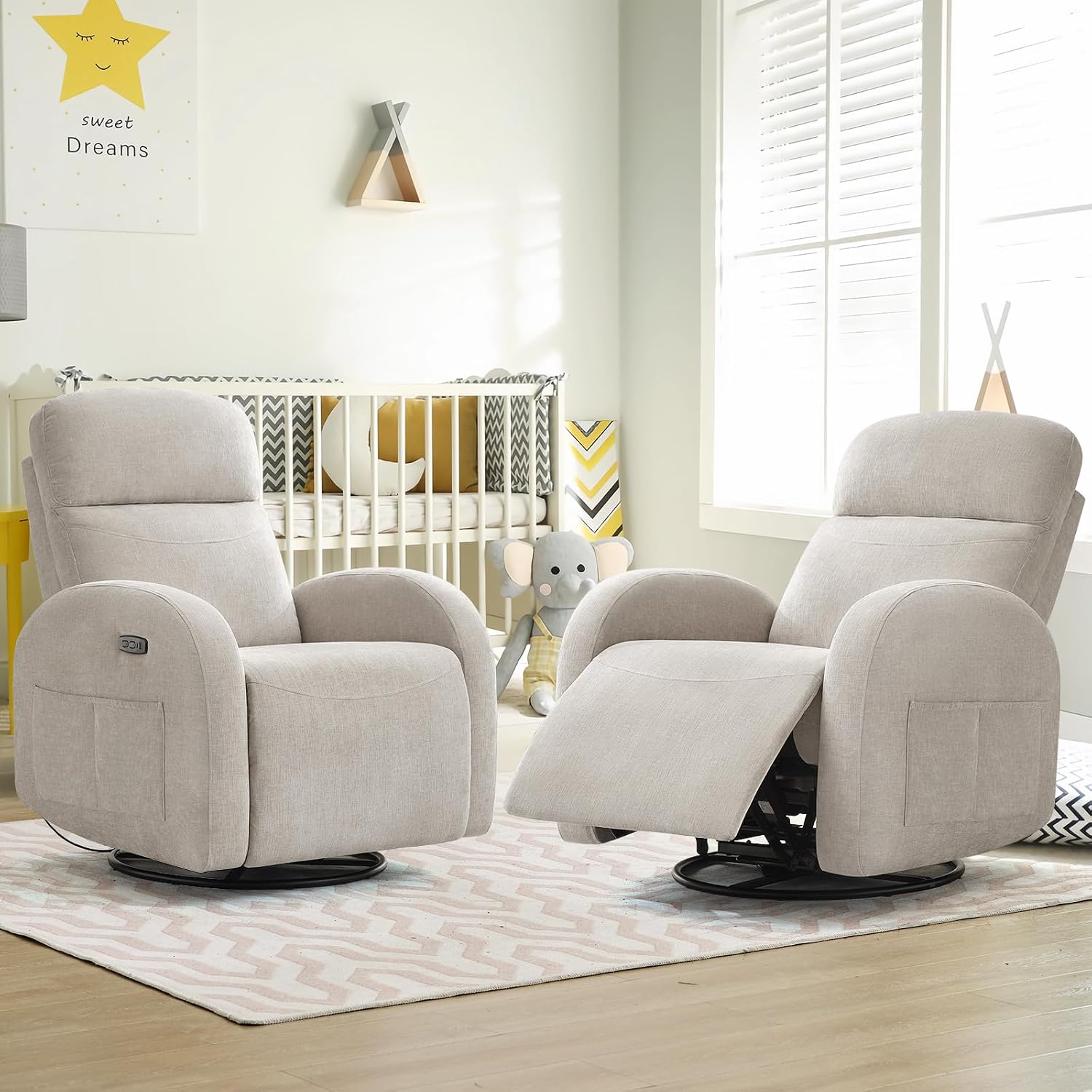 Nursery Glider Recliner, Power Swivel Rocking Recliner with USB & Type-C Port, Swivel Nursering Reclining Rocker with Double Pockets for Living Room, Camel Chenille