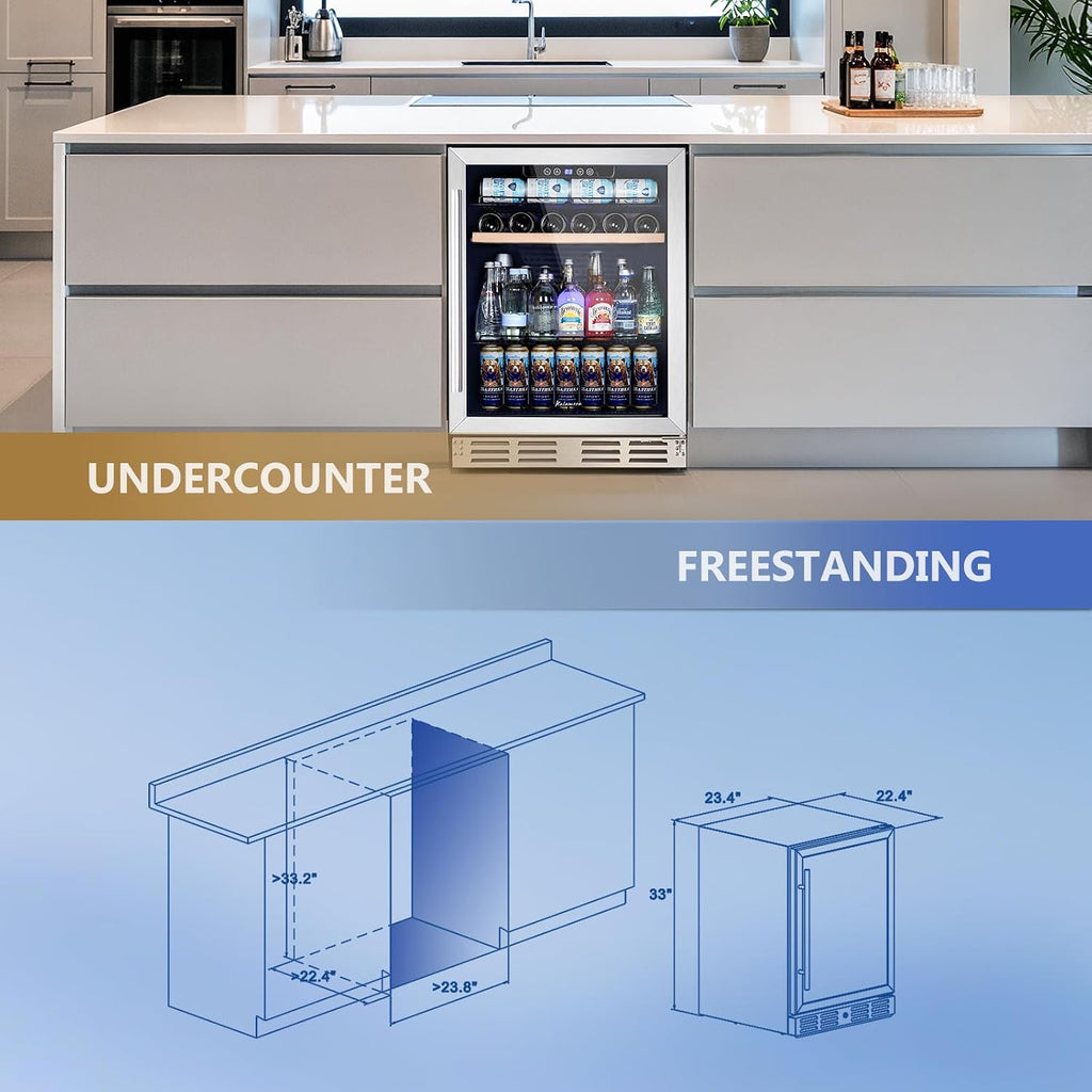 Kalamera Mini Fridge 24 Inch Undercounter Beverage and Wine Cooler Refrigerator Built-in or Freestanding - 118 Cans & 15 Bottles Capacity with LED Light Glass Door