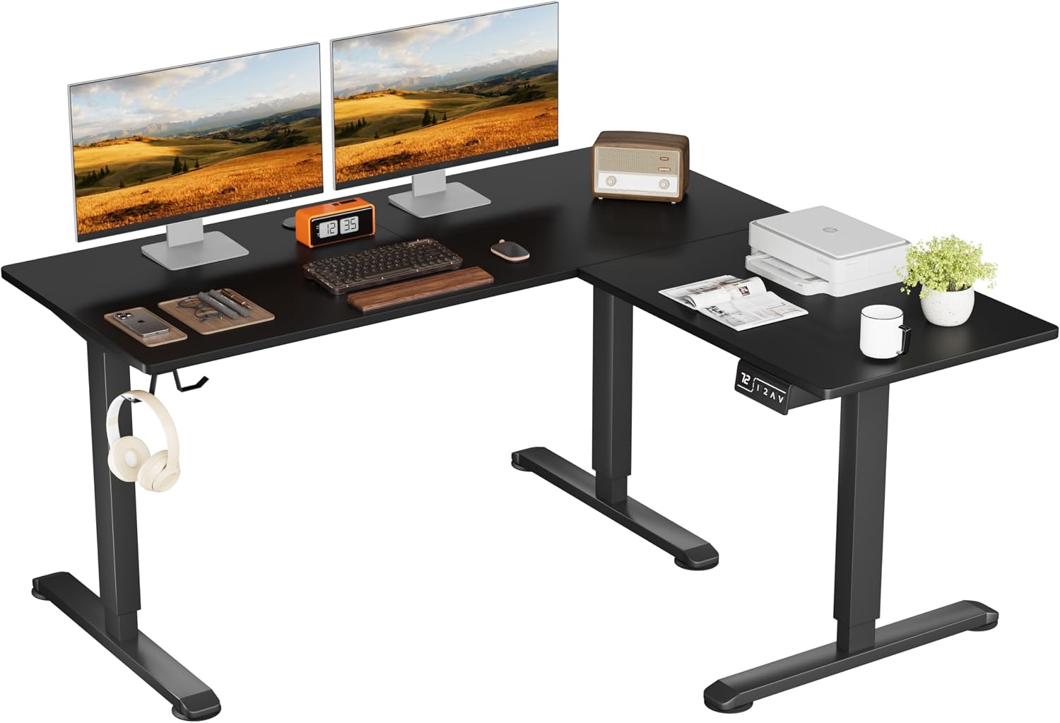 Shahoo L-Shaped Electric Standing Desk, 63 x 48 Inches Height Adjustable Coner Table, Home Office Computer Workstation, Black, 63 x 48 Inch