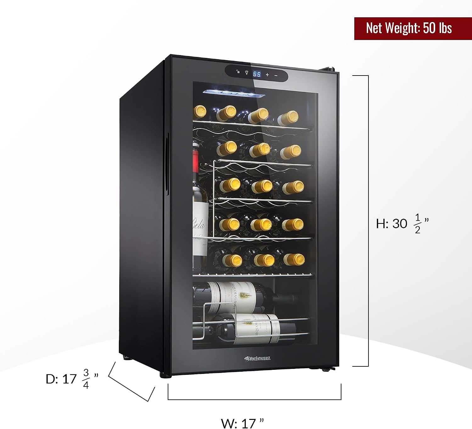 Wine Enthusiast 24-Bottle Compressor Wine Cooler w/Upright Bottle Storage - Freestanding 2.4 Cu. Ft. Wine Refrigerator, LED Digital Control Panel, Energy-Efficient Cooling of 41-64°F