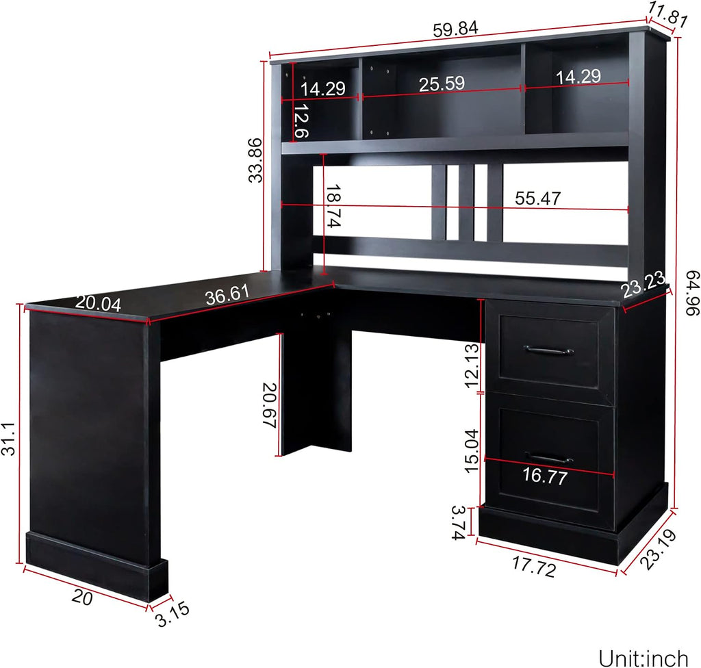 Bellemave L Shaped Computer Desk with Hutch, Home Office Desk with Drawers and Bookshelf, Corner Desk, Study Table Writing Desk with Storage, Easy Assemble, Antiqued Black
