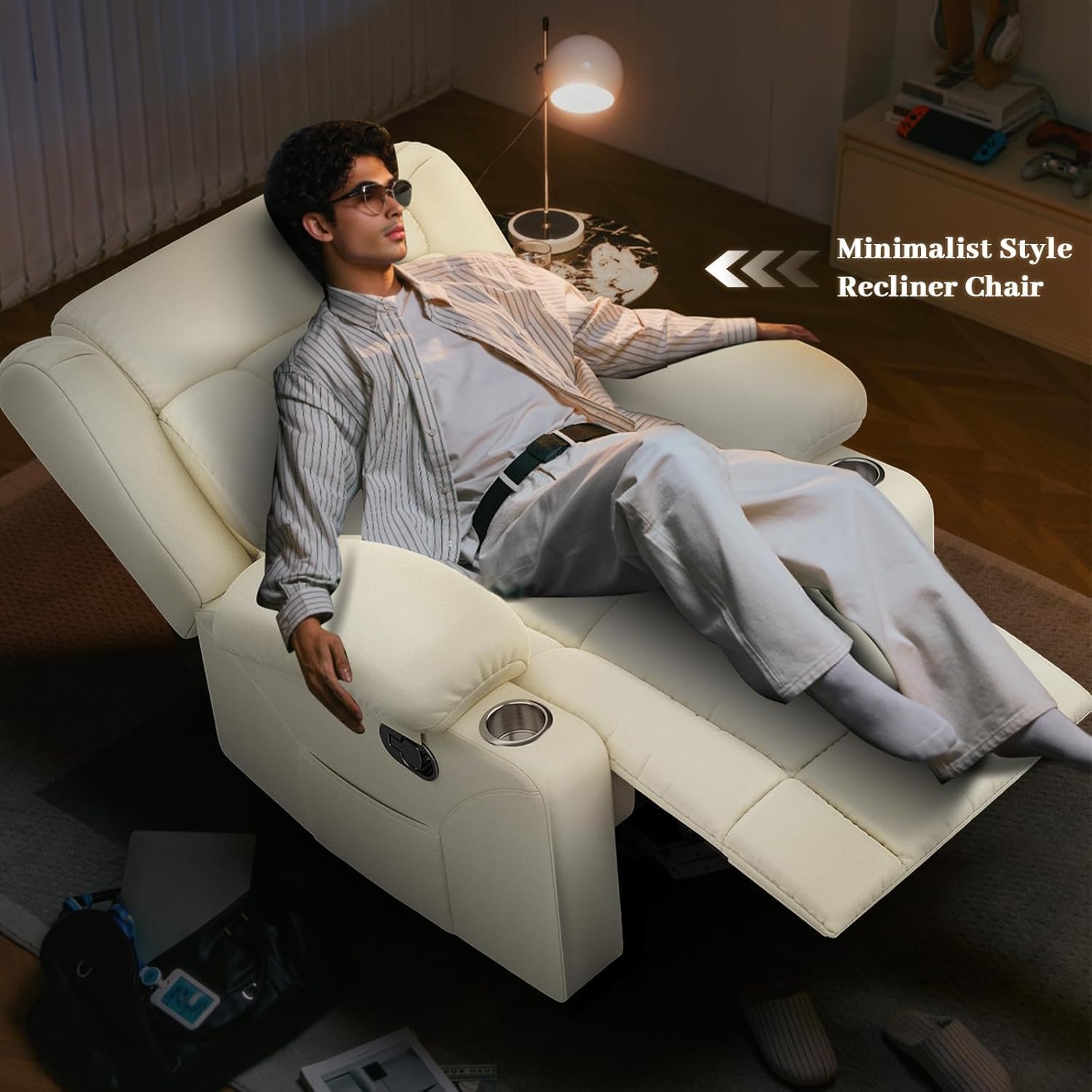 FURNIMAT Recliner Chair, Oversized Manual Reclining Chair for Adults, Single Reclining Sofa with Cup Holder & Pocket, Lounge Recliner for Living Room Home Theater Seating RV Chairs