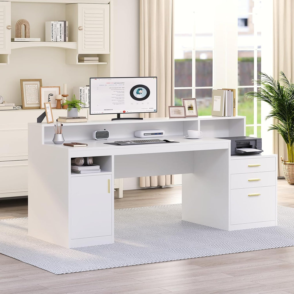 YOMILUVE Computer Desk with 3 Drawer & Storage Shelves, Home Office Desk with File Drawer & Cabinet, Writing Study Table with Long Monitor Stand & Printer Shelf, Executive Desk, White