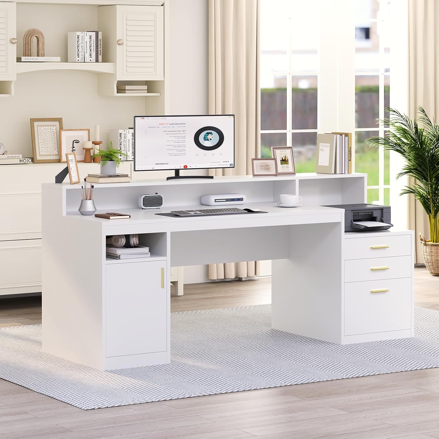 YOMILUVE Computer Desk with 3 Drawer & Storage Shelves, Home Office Desk with File Drawer & Cabinet, Writing Study Table with Long Monitor Stand & Printer Shelf, Executive Desk, White