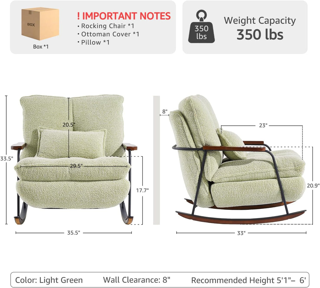 zyz Nursery Rocking Chair with Pillow, Teddy Upholstered Oversized Accent Chair Rocker Recliner, Solid Wood Frame, DIY Ottoman Footrest, Lazy Sofa for Living Room Bedroom (Teddy, Light Green)