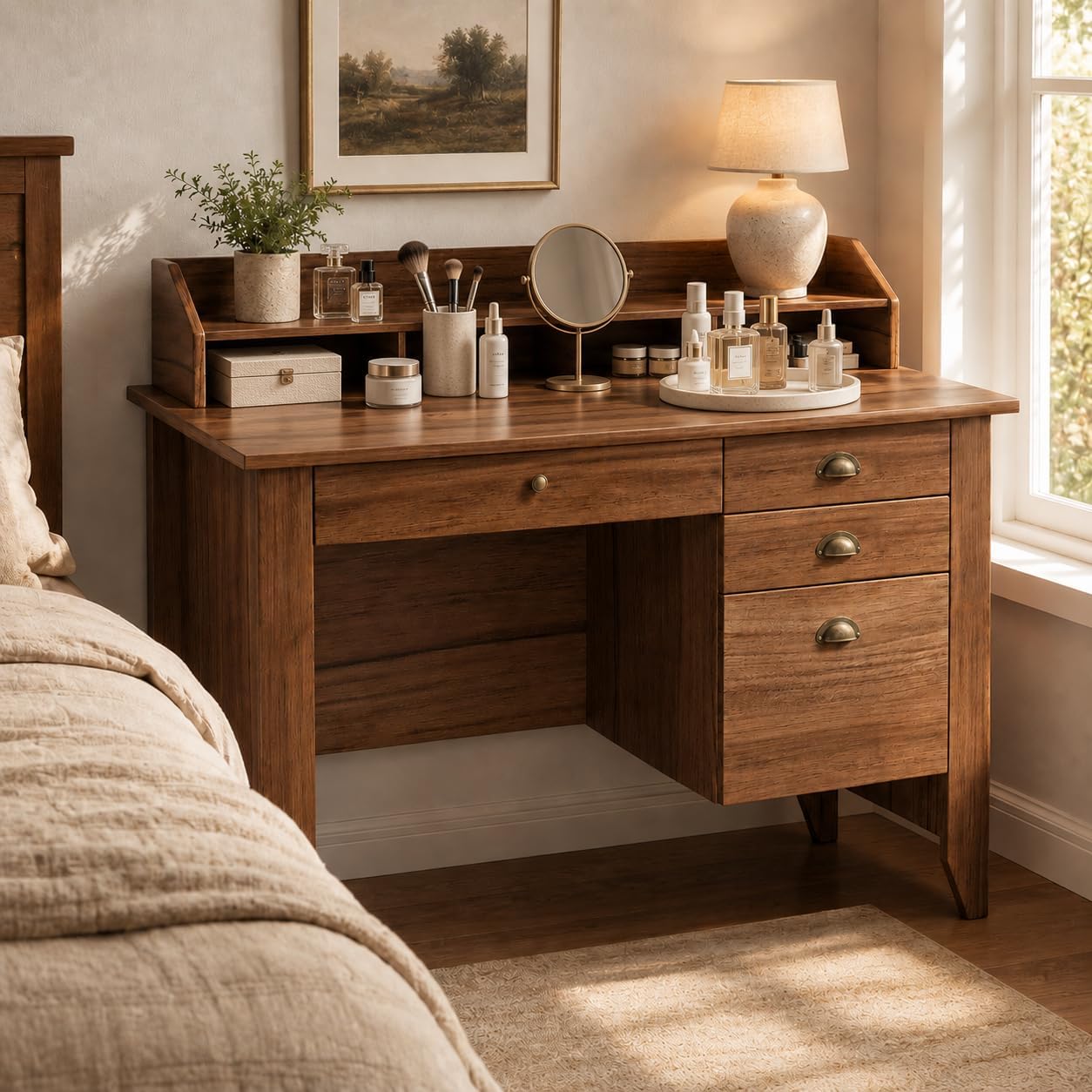 4 EVER WINNER Small Desk with Drawers, 47'' Wooden Desk with Monitor Stand and File Drawer, Computer Desk with Storage for Bedroom, Living Room, Small Spaces, Walnut
