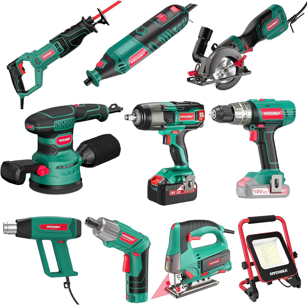 HYCHIKA Power Tool Combo Kit, Heat Gun,Impact Wrench,Drill Driver,Electric Screwdriver,Orbital Sander, Rotary Tool,Mini Circular Saw，Reciprocating Saw,Jig Saw,50W LED Work Light,10-Tool Power Tool Set