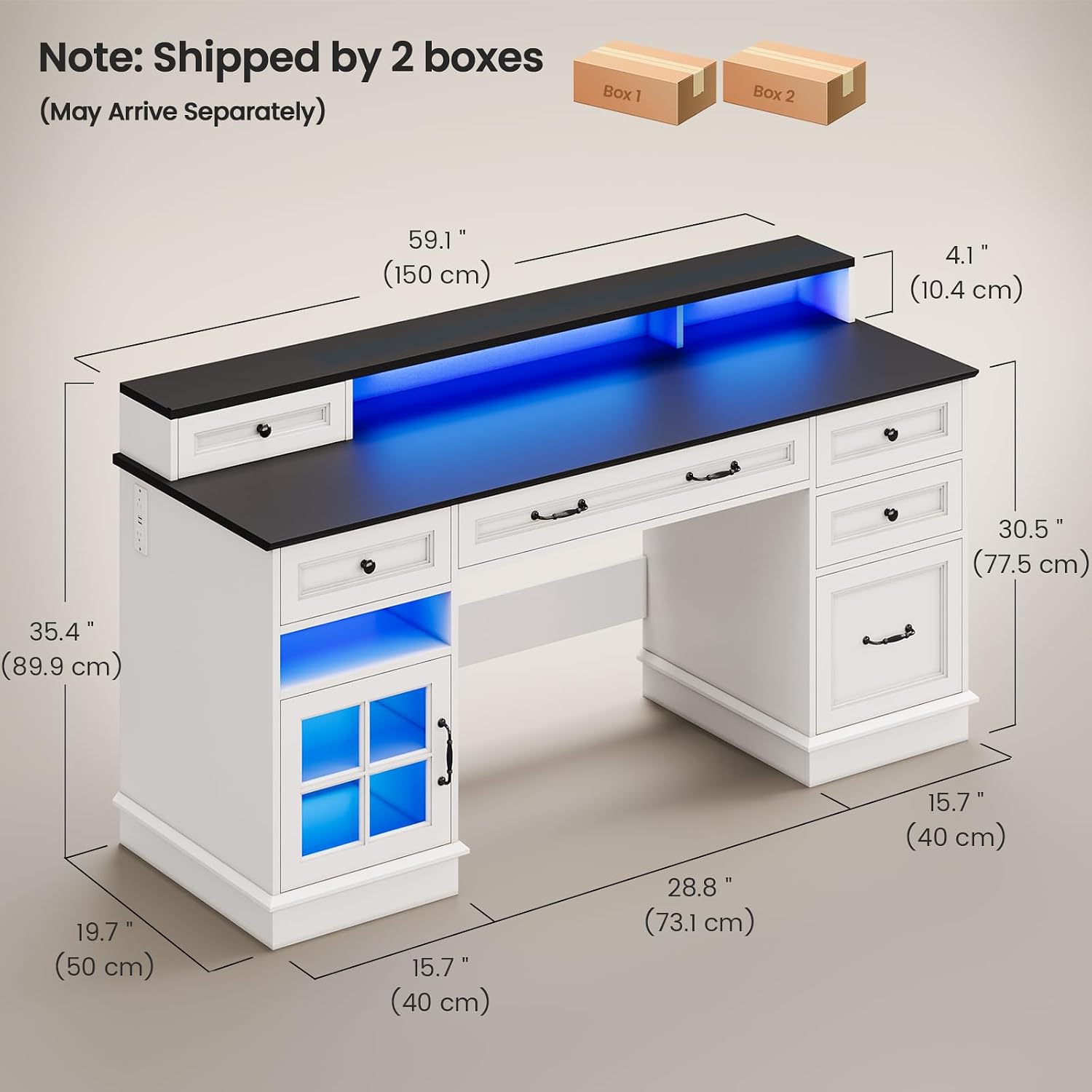 HAUOMS Farmhouse Executive Desk with Drawers Computer Desk with File Drawers, Power Outlet and Led Lights, Executive Office Desk with Storage Cabinet and Monitor Shelf for Home Office, White