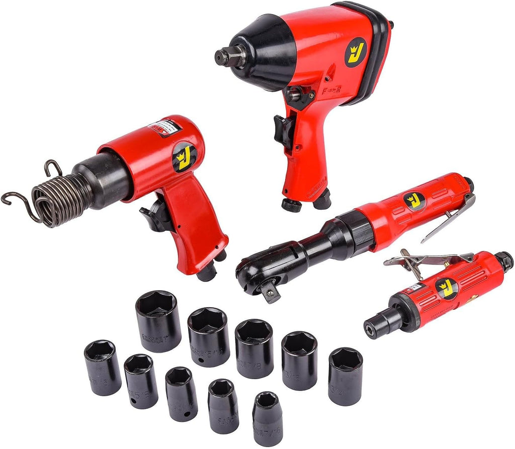 JEGS 81151 Air Tool Kit Includes Impact Wrench Ratchet Wrench Hammer Die Grinder