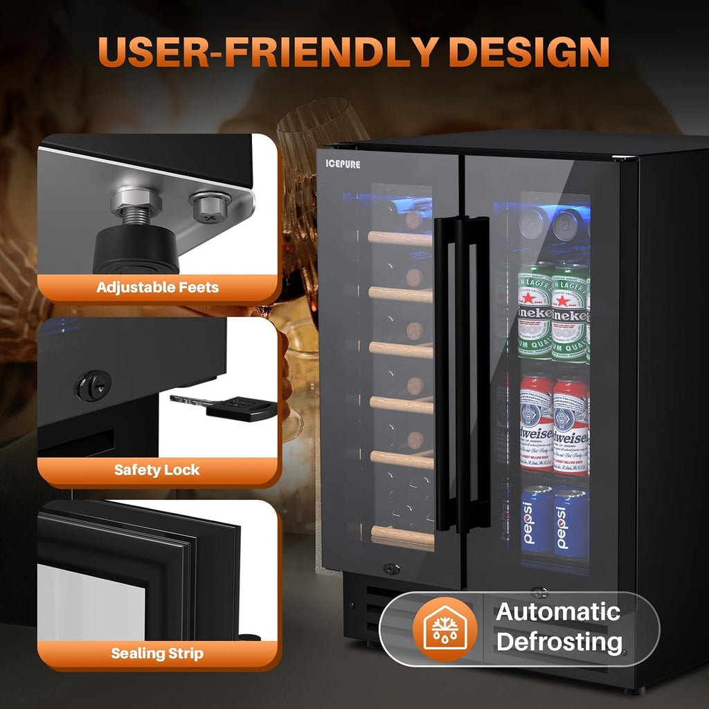 ICEPURE Wine and Beverage Refrigerator 24 Inch, Dual Zone Wine and Beverage Cooler with Glass Door, Freestanding or Built-In Wine Fridge Under Counter Lockable, Hold 19 Bottles and 58 Cans, Dark Black