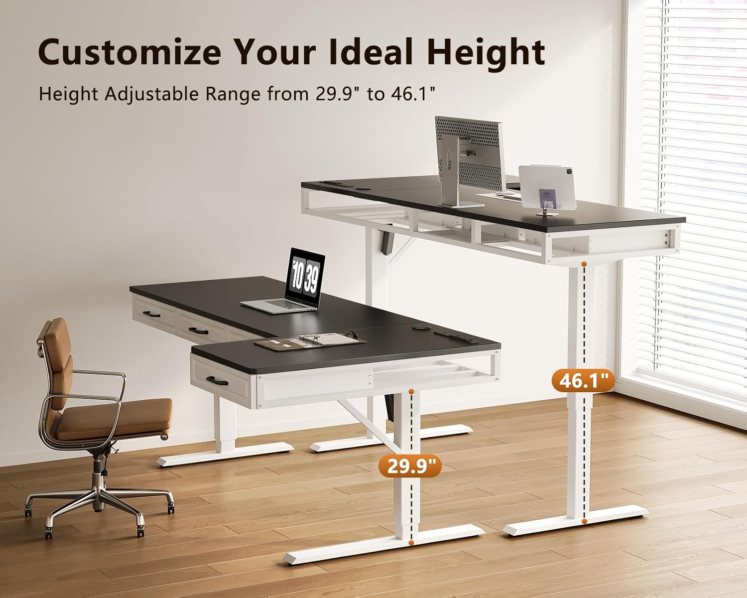 OffiGo L Shaped Electric Standing Desk with Wooden Drawers, 63 Inch Height Adjustable Corner Workstation with Power Outlets, Sit Stand Table for Home, Office, White+Black