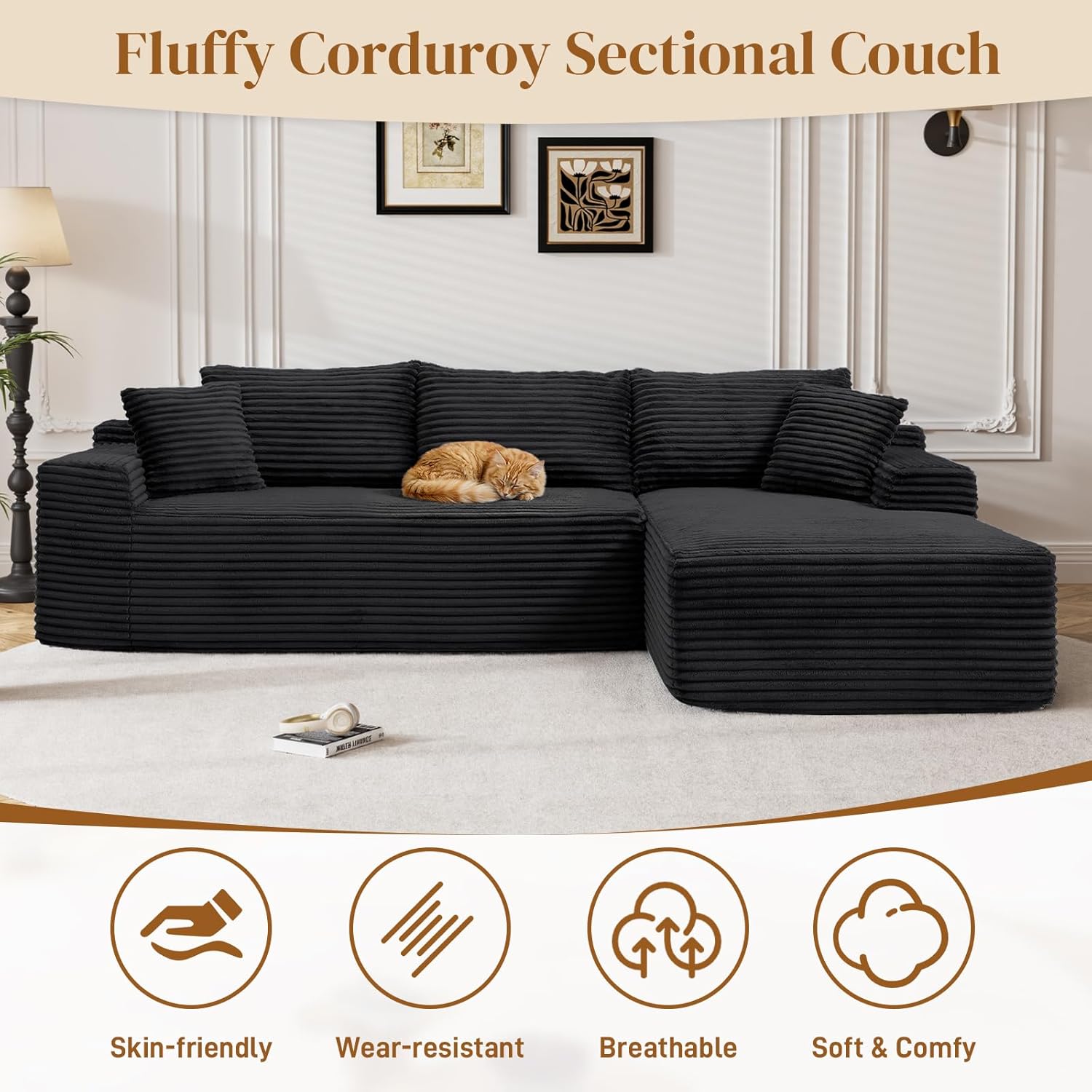 95' L Shaped Boneless Sectional Couches, Wide Armrest, Deep Seat, Memory Foam, Assembly Free, Modern Comfy Corduroy Fluffy Cloud Sofa with Right Chaise for Living Room, Small Spaces, Black