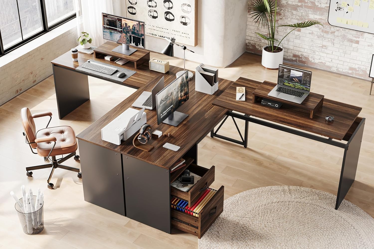 Bestier L Shaped Standing Desk with Lift Top, 55' x 55' Standing Corner Desk for Home Office, Computer Desk with Reversible File Drawer and Monitor Stand, Walnut