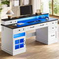 HAUOMS Farmhouse Executive Desk with Drawers Computer Desk with File Drawers, Power Outlet and Led Lights, Executive Office Desk with Storage Cabinet and Monitor Shelf for Home Office, White